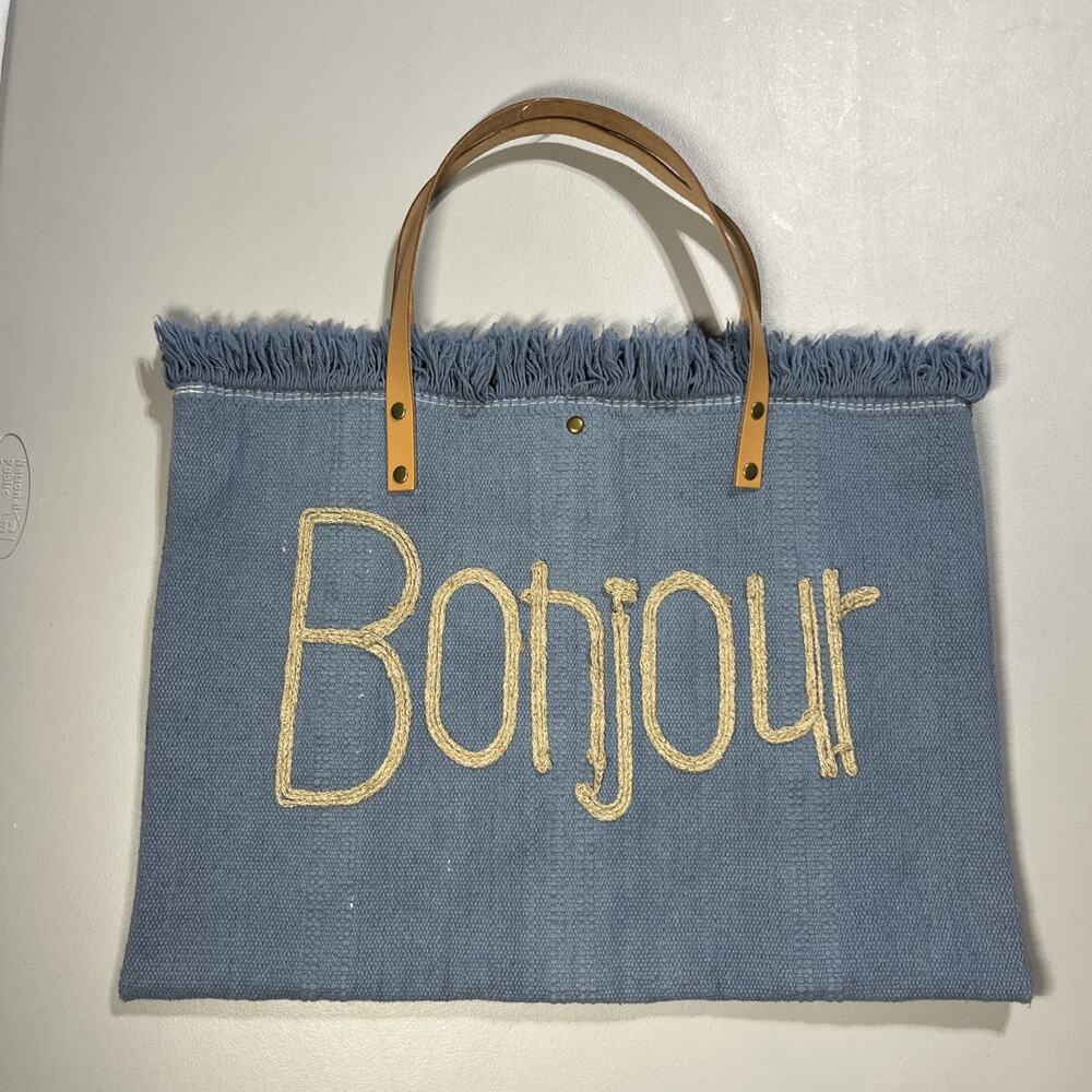 Bonjour Canvas Tote Bag Blue with Fringe Top Boho Summer Beachy Coastal